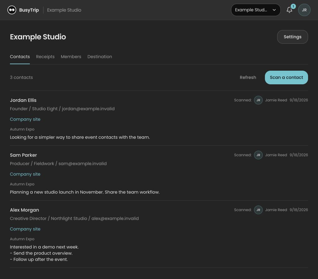 BusyTrip team workspace showing shared contacts, conversation notes, and who scanned each contact